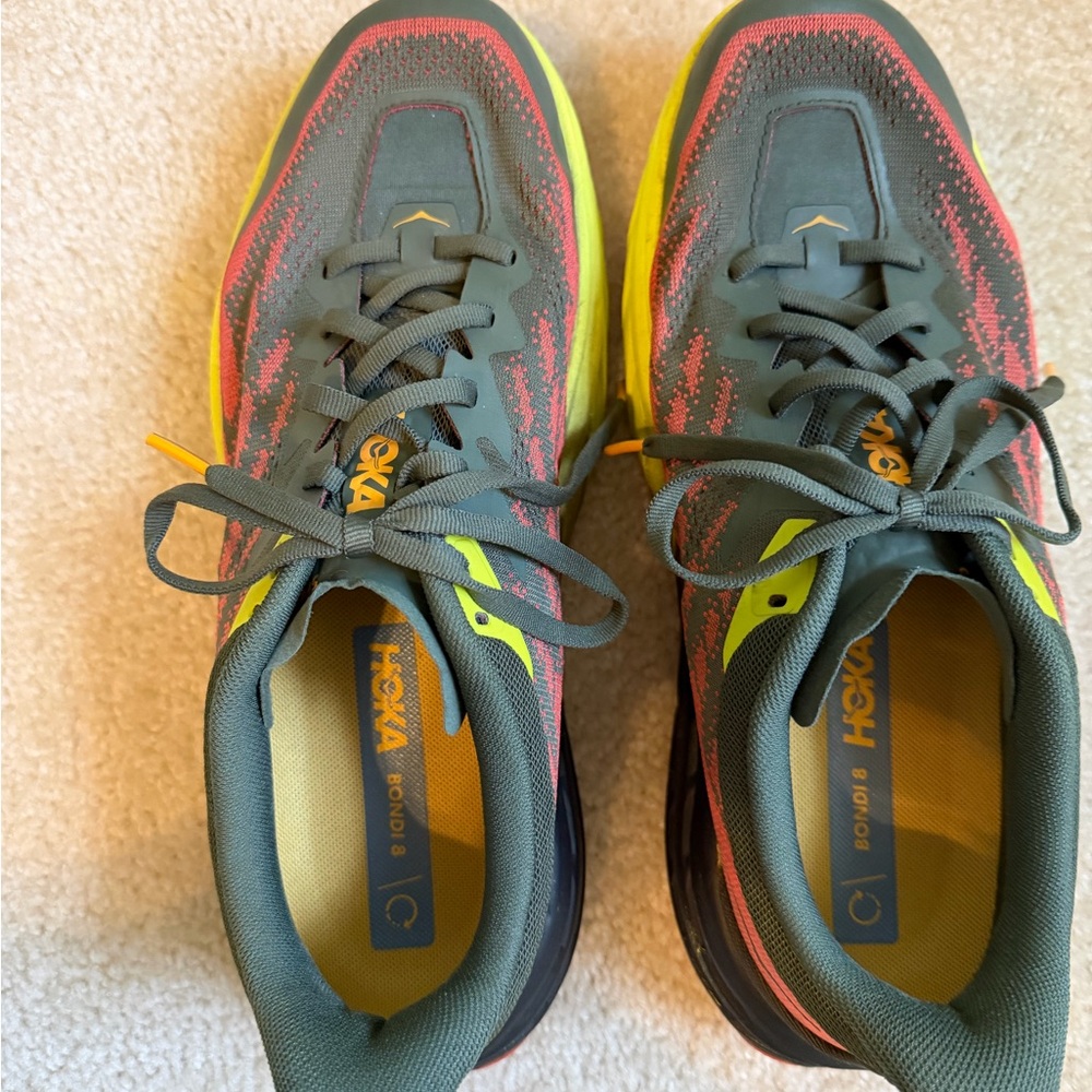 Hoka One One Men's Running Shoes in Olive Green, Neon Yellow & Coral